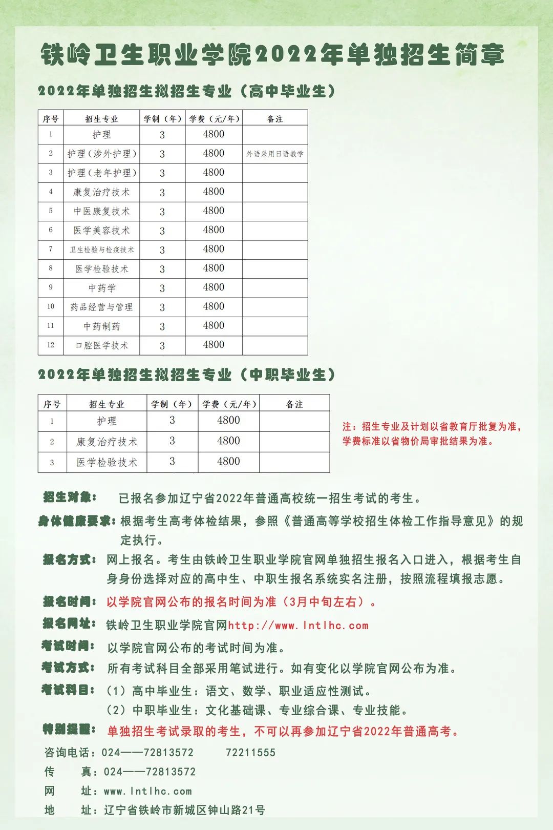 铁岭卫生职业学院单招