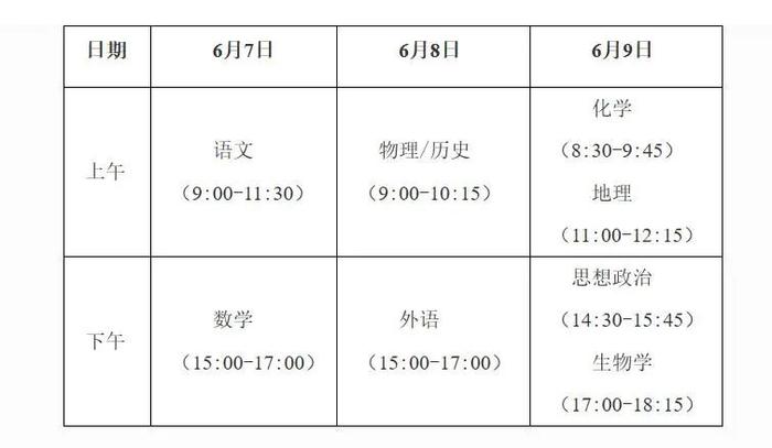 高考3天考试科目安排