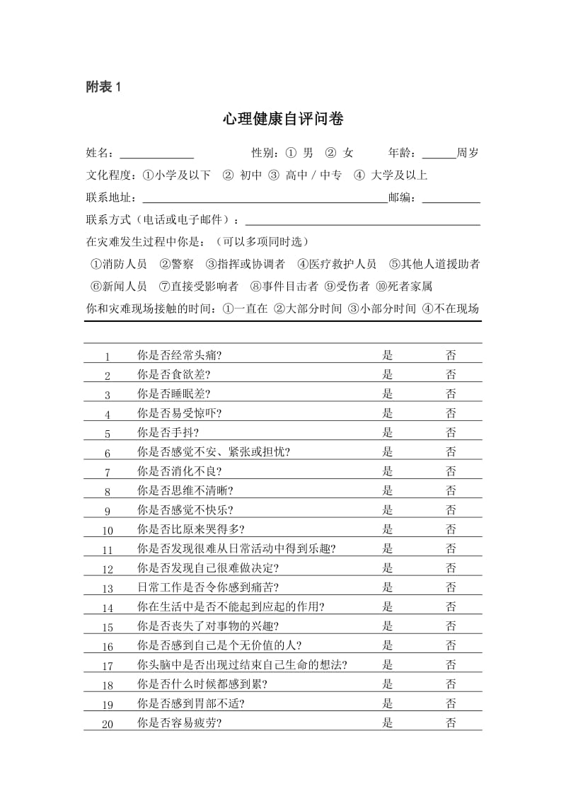 心理健康测试20题目