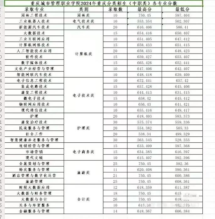 重庆城市职业学院录取线